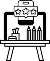 table with a laptop pencils and a star rating vector