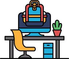 A computer monitor sits on a desk with a backpack vector