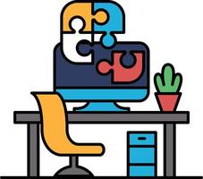 A computer monitor is displayed on a desk with a chair and a potted plant vector