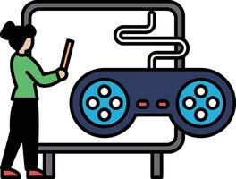 A woman is standing in front of a white board with a game controller on it vector