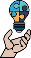 A hand holding a light bulb in a puzzle piece vector