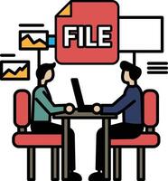 Two men sitting at a table with a red file folder in the background vector