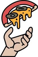 A hand is holding a slice of pizza with cheese and olives on it vector