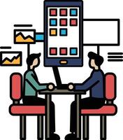 Two men sitting at a table with a cell phone in the middle vector
