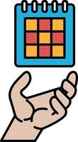 A hand holding a calendar with a red and yellow square on it vector