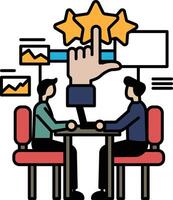 Two men sitting at a table with a hand pointing to a star vector