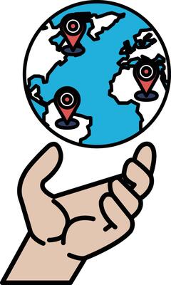 A hand holding a globe with four red dots on it