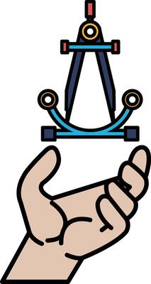A hand holding a ruler and a compass