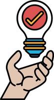 A hand holding a light bulb with a check mark on it vector