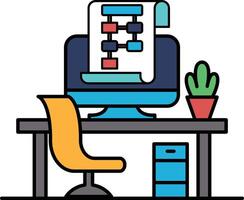 A computer monitor sits on a desk with a plant and a chair vector