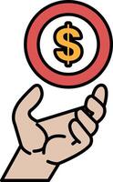 A hand holding a red coin with a dollar sign on it vector