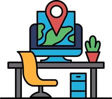 A computer monitor with a map on it is on a desk with a chair and a potted plant vector