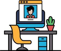 A computer monitor with a man's face on it sits on a desk with a chair vector