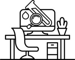 computer monitor is on a desk with a chair and a potted plant vector