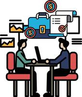 Two men sitting at a table with a laptop and a briefcase vector