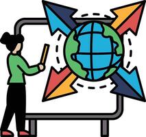 A woman is drawing a globe with arrows pointing to different directions vector