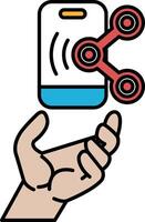 A hand holding a cell phone with a red and blue controller vector