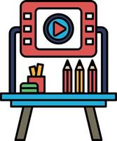 A table with a red screen and a pencil holder with a green pencil vector