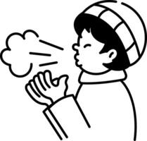 A doodle style icon of a winter boy warming his hands vector