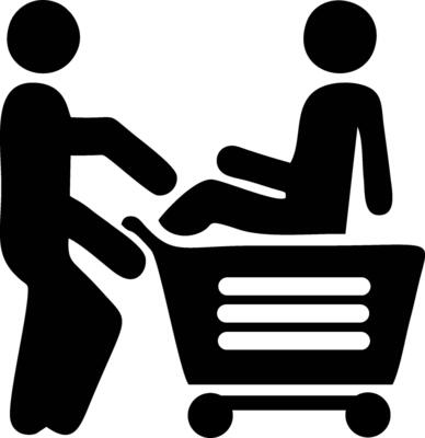 Person Pushing Shopping Cart with Another Person Sitting Inside