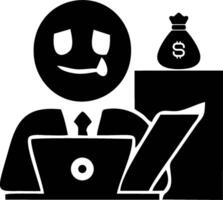 Sad businessman working at computer with money bag vector