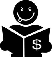 A mischievous character reads a document with a dollar sign, suggesting financial gain. vector