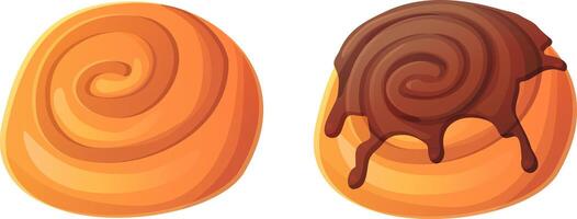 Set of two cartoon-style cinnamon rolls, one plain and one topped with dripping chocolate glaze. Tasty pastry elements isolated on white background, perfect for food-themed designs and bakery-related visuals. vector