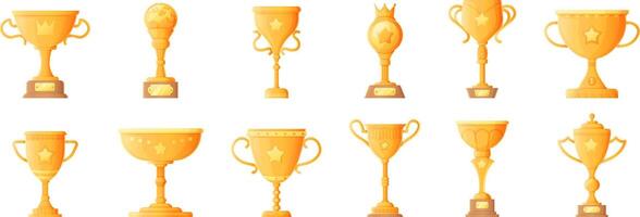 Collection of shiny golden trophy illustrations with unique designs and bases. vector