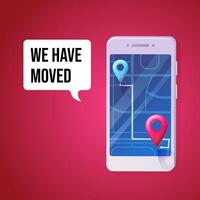 banner featuring a We Have Moved announcement displayed on a smartphone screen with a digital map. Two location pins, red and blue, are connected by a route, symbolizing a change of address or relocation. Stock illustration in flat style. vector