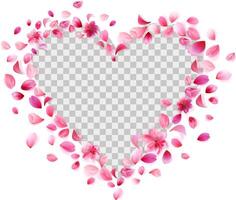 Romantic heart frame created from pink sakura petals with transparent center for photo or text overlay. Realistic look, floral theme. Stock illustration in realistic style. vector
