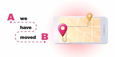 Flat illustration showing relocation notice with path from A to B and map on smartphone screen. Business announcement or template design. Stock illustration in flat style. vector