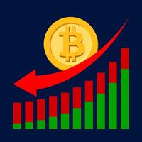 bitcoin currency on graph with red arrow pointing down, gold bitcoin money symbol on chart bar and red arrow down point, currency digital money on graphic graph, golden bitcoin icon on graph vector