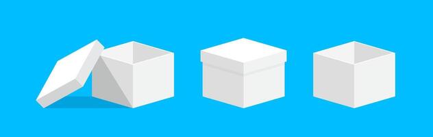open gift box square white set for template design, box white isolated on blue background, single white case for gift present, blank box for greeting text concept, white gift box open for icon 3d cube vector