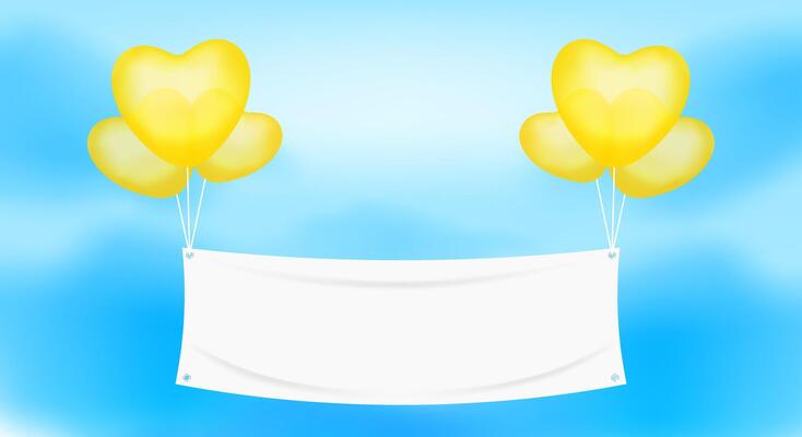 heart balloon and vinyl white fly on sky copy space, vinyl blank for promotion advertise, fabric vinyl banner for celebration anniversary, mock-up textile fabric empty and hanging balloon yellow gold