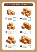 articles sheet count the number of cubes on each block, kids activity sheet for counting number 3d cubes, logic counting for preschool children, worksheet educational mathematical game for printable vector