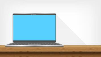 laptop modern on table wood and copy space, workspace office, monitor screen on desk space, computer notebook on table and grey wall, work office space, workspace with desktop for creative background vector