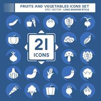 Icon Set Fruits and Vegetables. related to Education symbol. long shadow style. editable vector