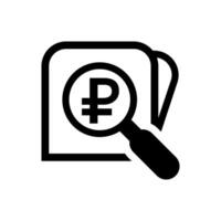 magnifying glass with ruble currency money search icon, russia ruble coin with magnifying glass for button app, research icon black wallet, ruble money in search symbol isolated on white vector