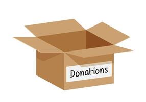 empty donation box isolated on white background, open box blank for donations, illustration of donate cardboard box paper brown, clip art donated crate boxes open for packaging, carton box donating vector