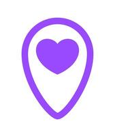 heart symbol in purple pin point icon isolated on white, pointer white heart shape for position marker, cute heart simple with pin point symbol, pin pointer for love location place or direction idea vector