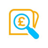 magnifying glass with pound currency money search icon, pound coin with magnifying glass for button app, research icon blue on orange wallet, pound money symbol in search symbol isolated on white vector