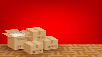 pile boxes brown placed on the parquet floor in the red room empty, cardboard carton box and copy space ad, stack cardboard box carton on the room floor, parcel boxes brown packaging for transport vector