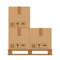 crate boxes three on wooden pallet, wood pallet with cardboard box in factory warehouse storage, flat style warehouse cardboard parcel boxes stack, packaging cargo, 3d boxes brown on white vector