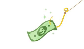 money bait flying in the hook, banknotes and golden hooks isolated on white, banknote money with fish hook gold, money in fishhook for trap temptation concept, corruption fraud concept vector