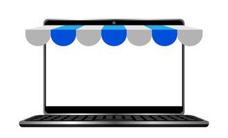 notebook screen with blue awning roof, storefront shop in online shopping concept, mock-up computer screen for copy space, blank laptop screen isolated on white, mock up display computer equipment vector
