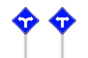 road sign, arrow pointing bend to left and right, traffic road sign blue color isolated on white, traffic sign turn left and right, warning caution sign and steel pole for direction signpost the way vector