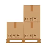crate boxes three on wooden pallet, wood pallet with cardboard box in factory warehouse storage, flat style warehouse cardboard parcel boxes stack, packaging cargo, 3d boxes brown isolated on white vector