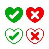check mark sign in heart shape, checkmark yes or no vote in speech box symbol, correct choice x or confirm and deny icon, cross or right for question, heart label talk ok and deny vector