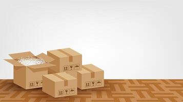 pile boxes brown placed on the parquet floor in the room empty, cardboard carton box and copy space banner ad, stack cardboard box carton on the room floor, parcel boxes brown packaging for transport vector