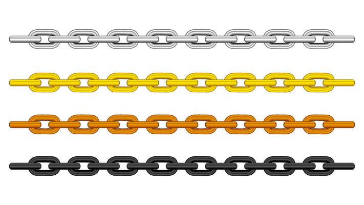 silver chain, gold chain, copper metal chain and black steel chains set isolated on white, illustration chains